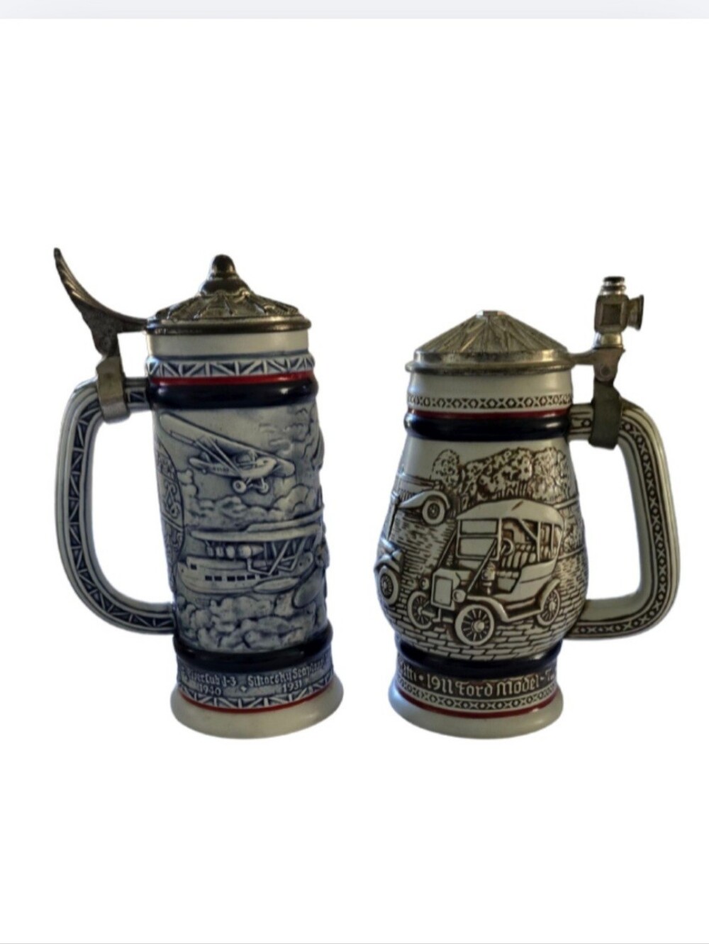 Avon Steins 2 - Antique Cars Mug + Airplanes,  Handcrafted Brazil Vintage 1981